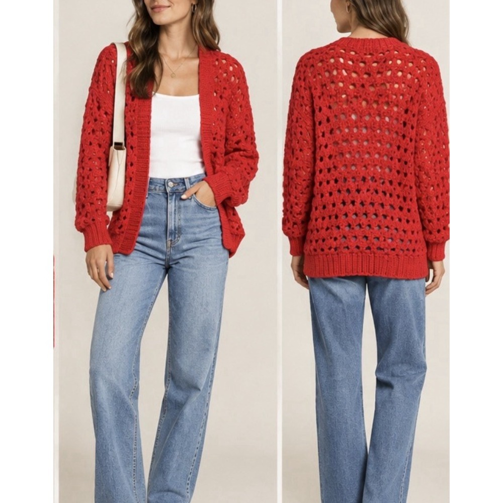 Maeve by Anthropologie Chunky Open Stitch Cardigan Oversized Bright Orange Red
